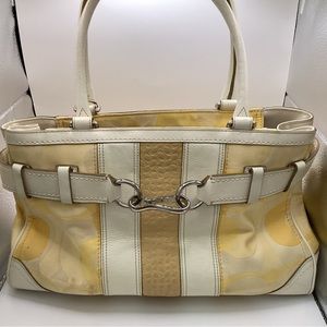 👜 COACH F13338 Yellow/White Optic Hamptons Signature Satchel Summer bag canvas